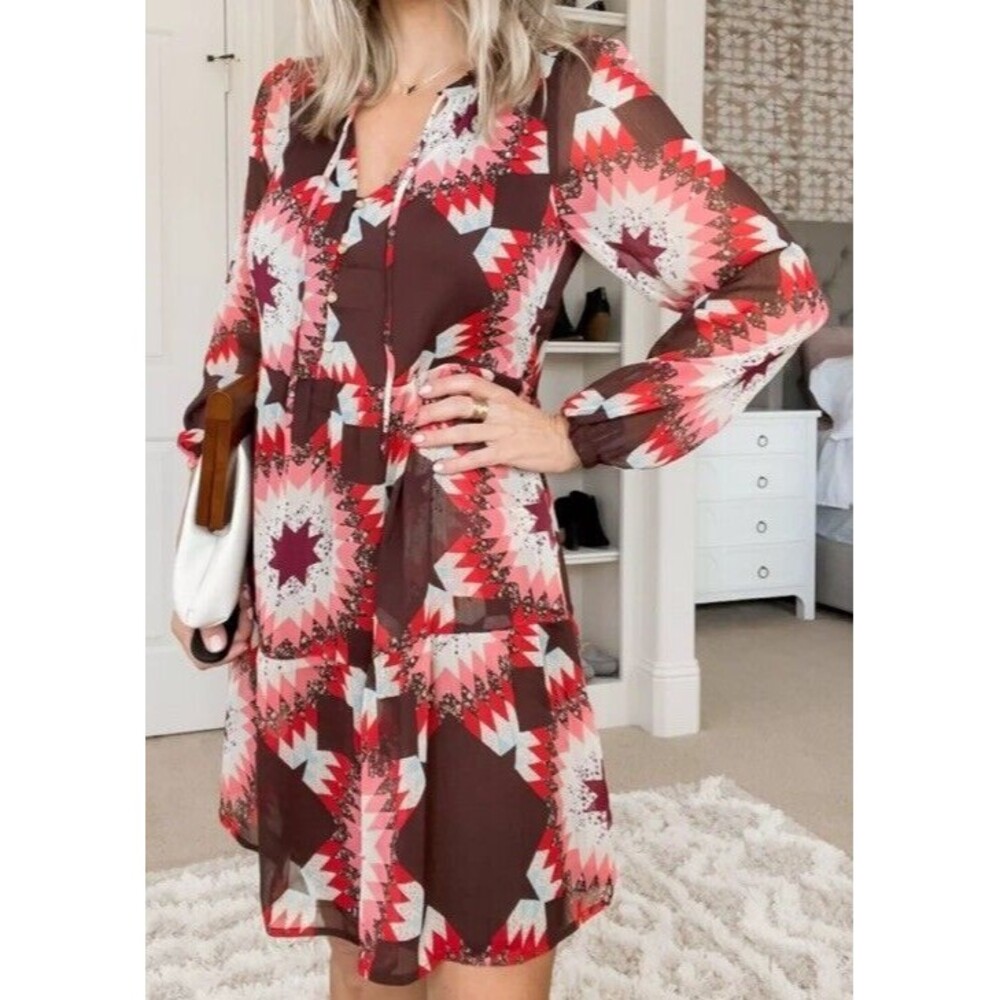 LOFT Patchwork Tie Neck Pocket Dress Size Small Boho Western Rodeo Festival